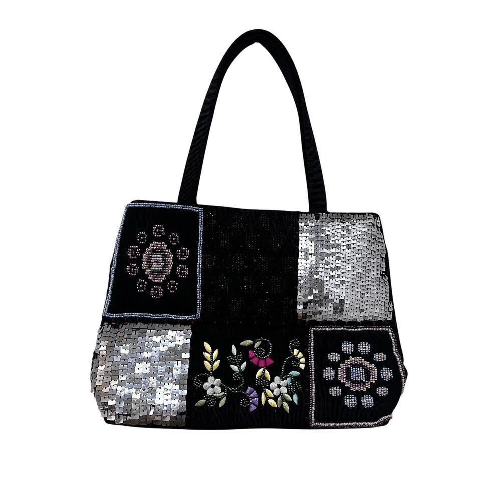 VTG  Liz Claiborne Tote Womens Small Black Patchwork Beaded Sequin Evening Purse